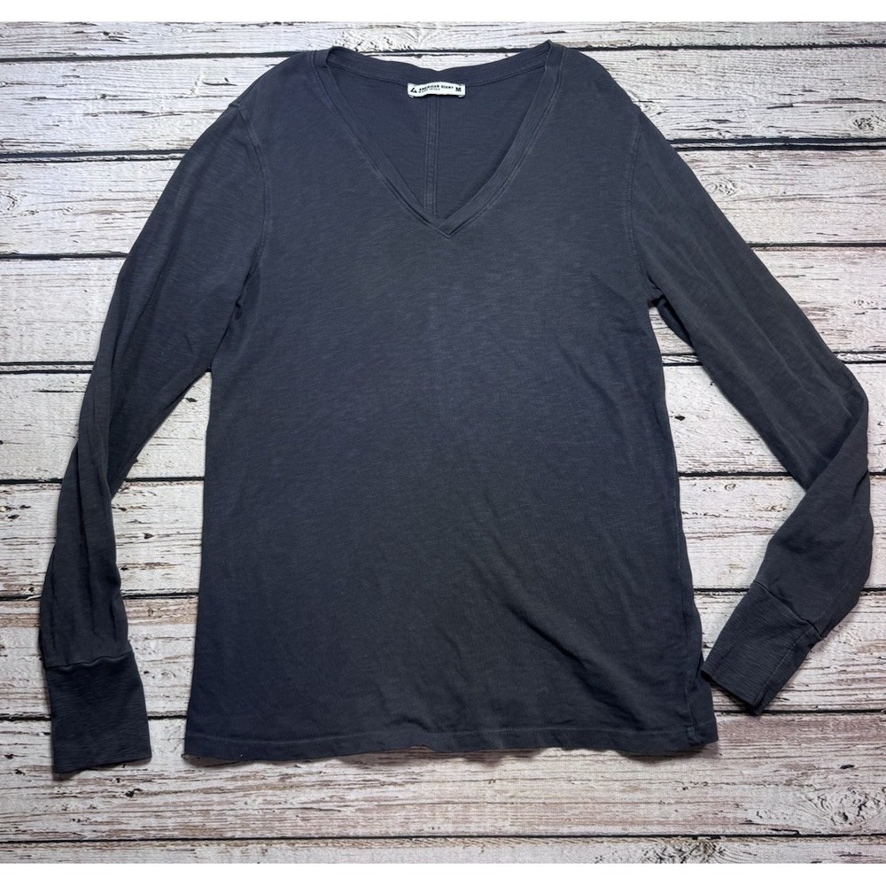American Giant Women's Medium Premium Slub V Neck Long Sleeve Cotton Top Gray
